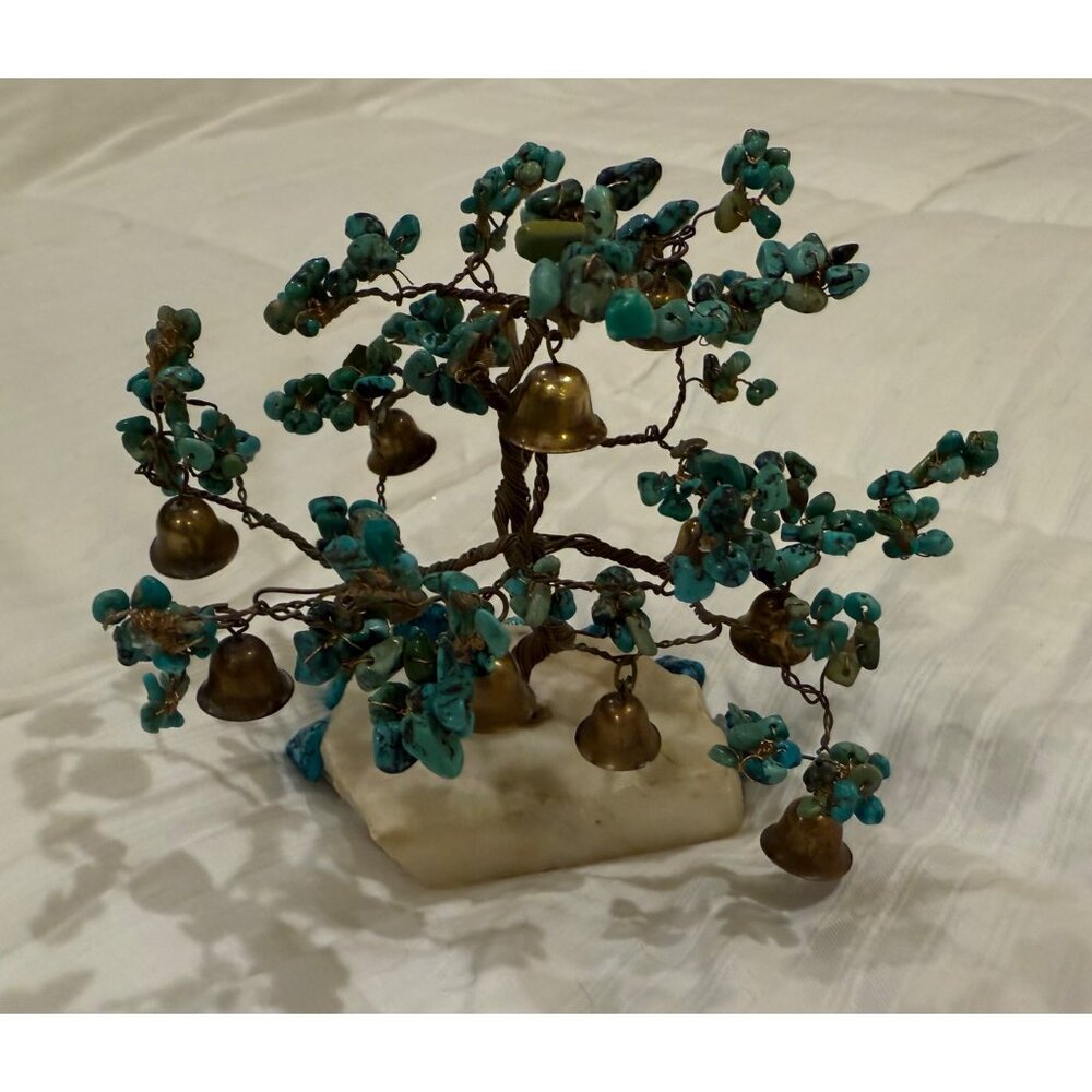 Handcrafted Turquoise Gem Tree Sculpture With Bells On Marble Base